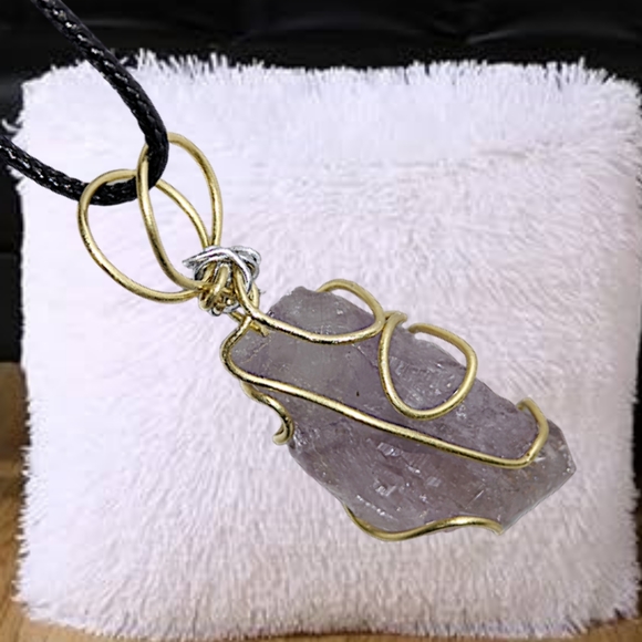 .Raw Amethyst Stone Wire Pendant with 18" Black Wax Leather Necklace - Picture 3 of 5